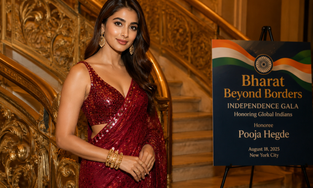 Pooja Hegde red saree New York Gala honour photo