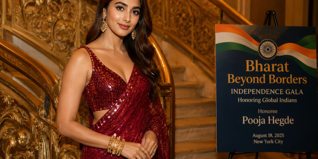 Pooja Hegde red saree New York Gala honour photo