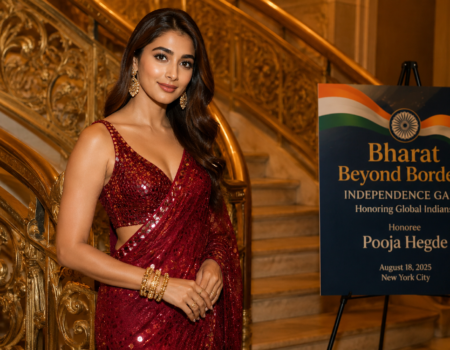 Pooja Hegde red saree New York Gala honour photo