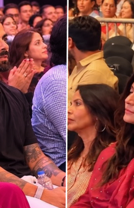 Anushka Sharma in a pink Anarkali suit at Krishna Das's Mumbai kirtan