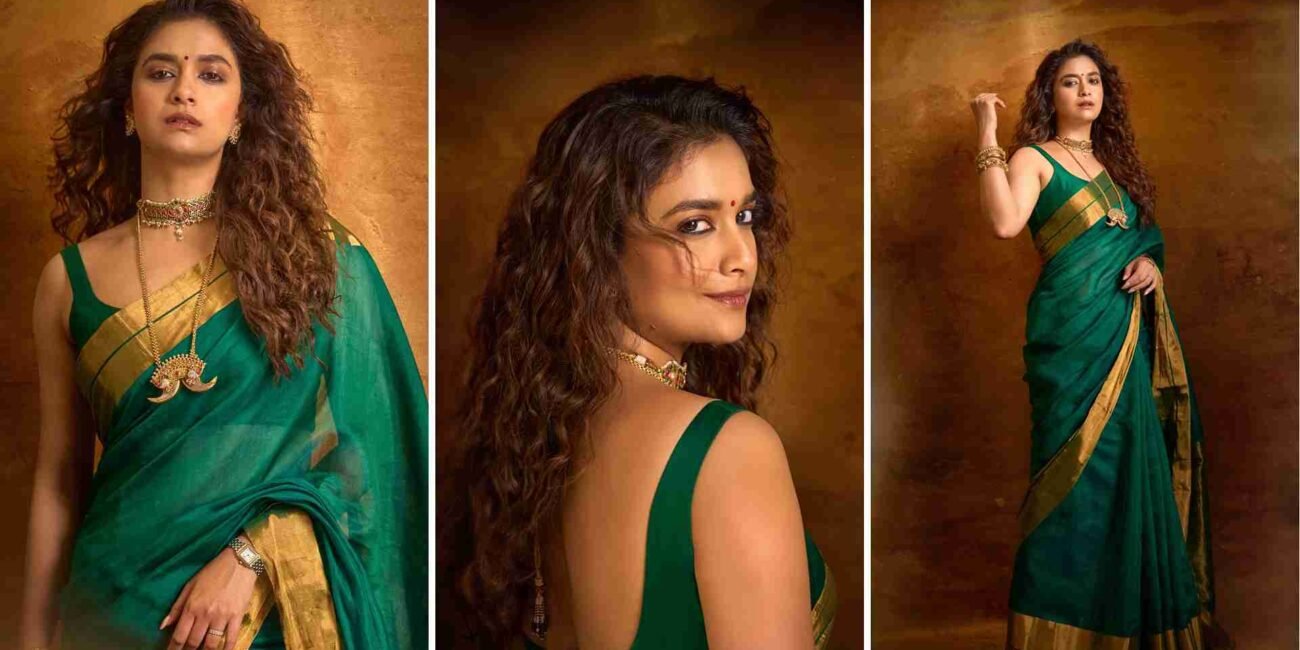 Keerthy Suresh in a green saree during Akka Netflix series promotions