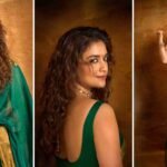 Keerthy Suresh in a green saree during Akka Netflix series promotions