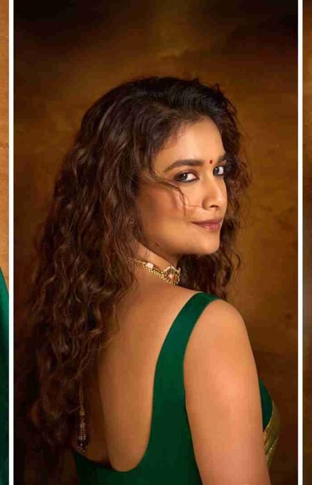 Keerthy Suresh in a green saree during Akka Netflix series promotions