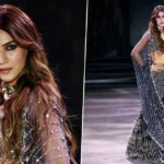Kriti Sanon wearing a black and silver mirror-work lehenga at Abhinav Mishra's fashion show
