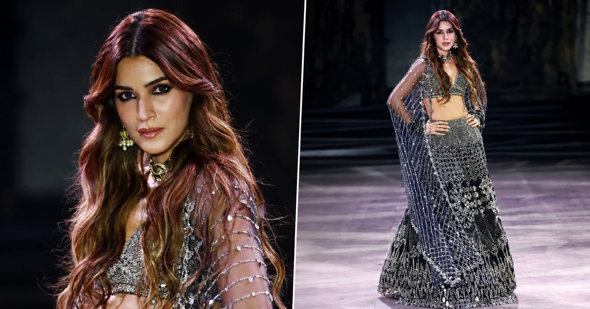 Into the Wild 2026: Kriti Sanon का Lehenga Look, Abhinav Mishra के Show में बनीं Showstopper Kriti Sanon wearing a black and silver mirror-work lehenga at Abhinav Mishra's fashion show