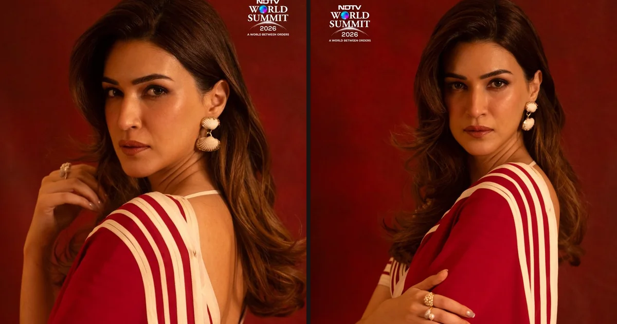 NDTV World Summit 2026: Kriti Sanon का Red Saree Look Viral, AI Rights पर की बात Kriti Sanon in a red saree at NDTV World Summit 2026
