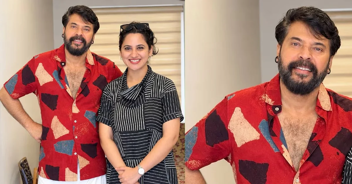Miya George and Mammootty pose together at a dubbing studio