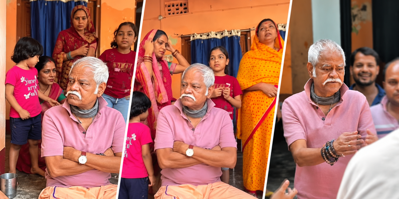 Sanjay Mishra wearing a lungi and T-shirt at his ancestral village in Darbhanga Bihar